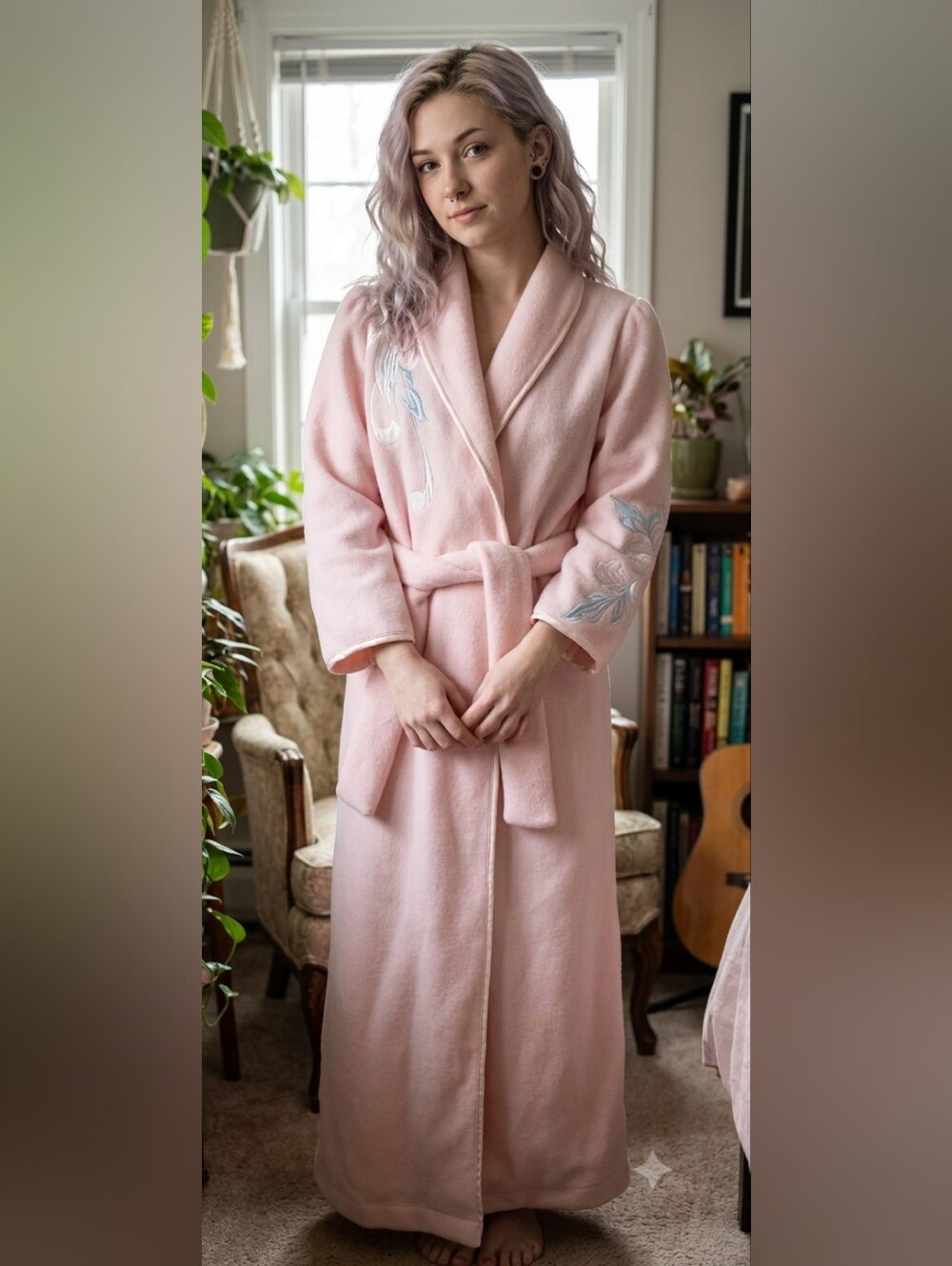 Stunning Vintage Josie Natori Blush Pink Collar Robe with Tie Belt